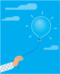 Hand holding a balloon on the sky background. Vector illustration