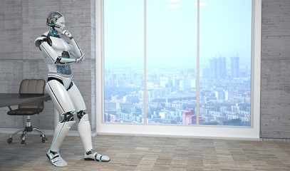 A thinking white robot in the business room. 3d illustration.