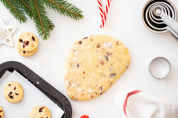 Christmas cookies with nuts and cranberries. Christmas decoration. Top view. Copy space.