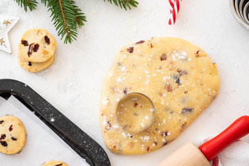 Christmas cookies with nuts and cranberries. Christmas decoration. Top view. Copy space.