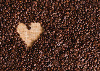 love of coffee, symbol of love, shape of heart from coffee beans