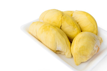 durians in packed foam tray on white background