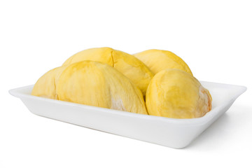 durians in packed foam tray on white background