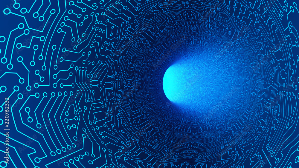 Poster blue tunnel in highway with circuit board pattern texture. high-tech background in digital computer 