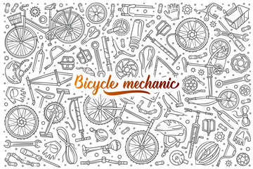 Hand drawn bicycle mechanic set doodle vector background