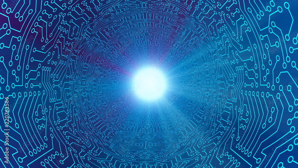 Poster blue tunnel in highway with circuit board pattern texture. high-tech background in digital computer 