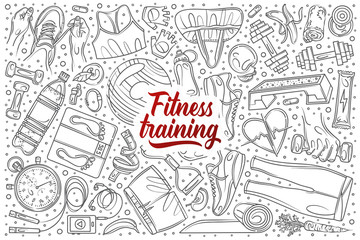Hand drawn fitness training set doodle vector background