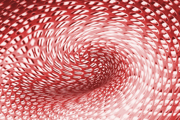 Spherical warp of space at edge of shot. Fantastic background image of wormhole of metallic and red...