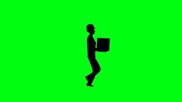 Silhouette man walk cycle with holding box on green screen animation HD video.Worker walking on green screen motion