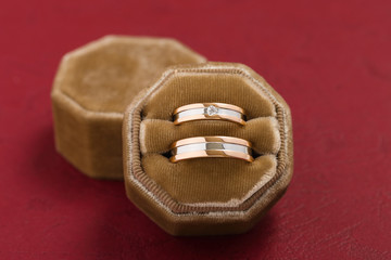 Two-tone wedding rings in velvet jewelry box