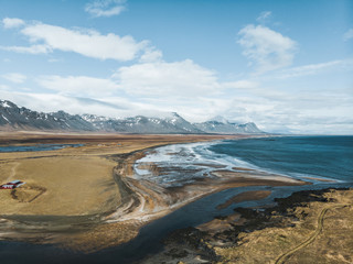 aerial view of beautiful coastline and sea with mountains on background, snaefellsnes, iceland