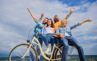 Freedom urban commuting. Company stylish young people spend leisure outdoors sky background....