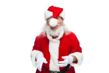 Christmas. Santa Claus fooling around with a boombox hat. Ridiculous-looking, tongue out. Isolated on white background.