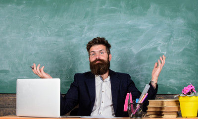 Teacher wondered low level of knowledge. What stupid thought. Man bearded teacher wondering...