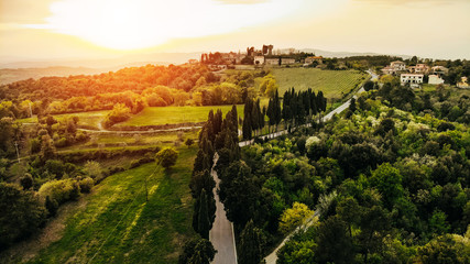 aerial view of village and river during sunset, arezzo province, Italy