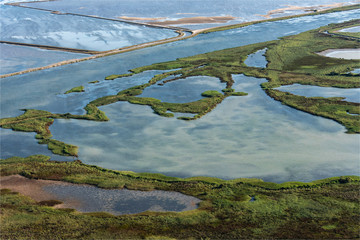 vue aérienne de flamands roses dans les Salins de Giraud dans les Bouches-du-Rhône en France