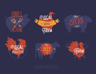 Set of butchery farm badges labels. Farm meat pork, goose, beef vector icon with text. Vintage logo