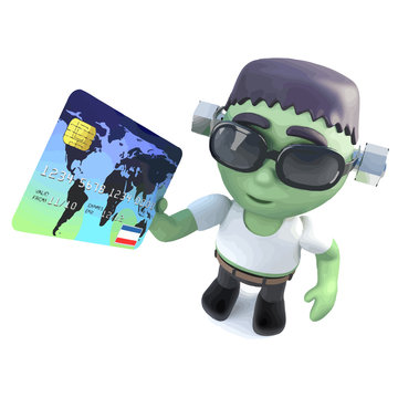 Vector 3d Funny cartoon frankenstein monster character holding a debit card