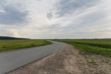 Fototapeta na wymiar asphalt road in the field with mown grass in the northern part of Russia.