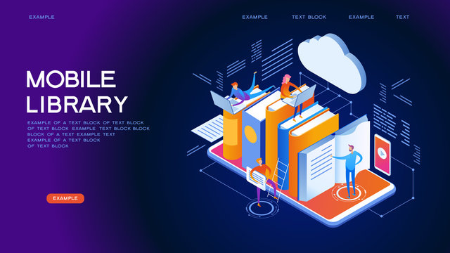 Mobile library isometric concept banner