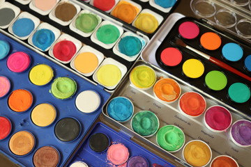 Watercolor paintboxes in studio