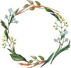 Autumn watercolor wreath from herbs, cereals, chamomile twigs and leaves