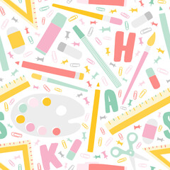 Decorative Back To School seamless pattern with education supplies and alphabet letters scattered on white background © Good Studio