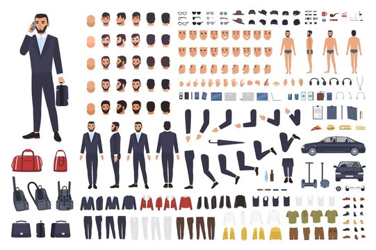 Caucasian businessman or clerk creation set or DIY kit. Bundle of male cartoon character body parts, office clothes, faces isolated on white background. Colorful vector illustration in flat style.