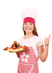 happy girl cook with spaghetti and meatballs and thumb up