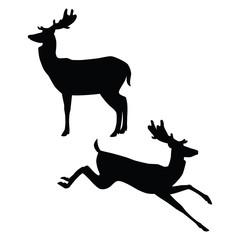 Black silhouettes of standing and running deer isolated on white background. Vector illustration EPS 8