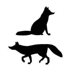 Black silhouettes of sitting and walking red foxes isolated on white background. Vector illustration EPS 8
