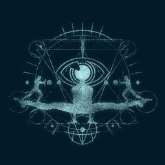 Mystery, witchcraft, occult and alchemy tattoo sign. Mystical vintage gothic geometry thin lines symbol with silhouettes of a men, woman and eye