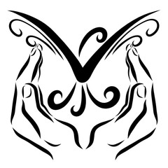 Bird in the hands of man, black lines and curls