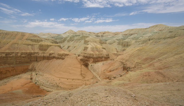 summer sunny panorama of the valley of desert mountains, Kazakhstan, Altyn-Emel National Park