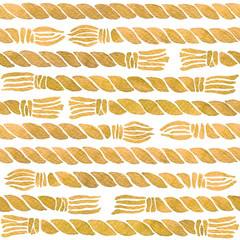 Watercolor background of ropes with tassels in terracotta. Hand painted seamless pattern