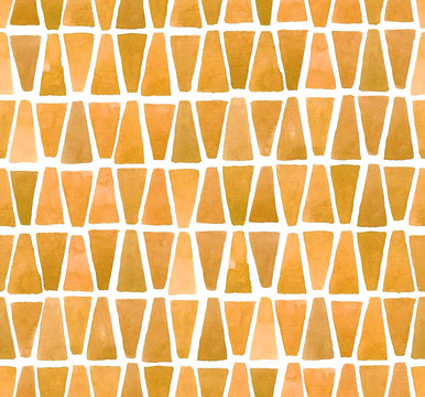 Fototapeta Hand painted mosaic background with geometric elements in terracotta. Seamless watercolor pattern