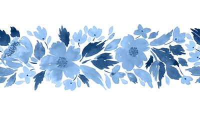 Seamless watercolor floral border pattern in blue