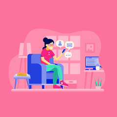 Young girl sitting on chair at modern home furnishing and networking with smartphone. Smiling woman surfing social network, chatting, sending and receiving messages.