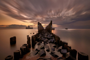  Old torpedo launcher and breakwater landscape, Gdynia, Baltic sea, Poland