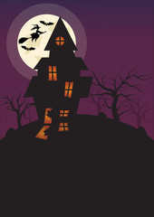 Halloween Vertical Background with Witch, Bats Haunted House and Full Moon. Flyer or Invitation Template for Halloween Party with Empty Space for your Texr.  illustration.