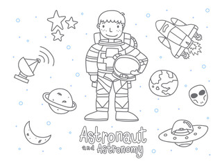 Cute Astronaut and Astronomy Doodle for Kids Coloring Vector Set