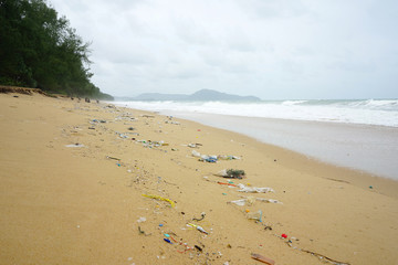 Fototapeta na wymiar Plastic trash all over the beach with heavy wave and pine tree background