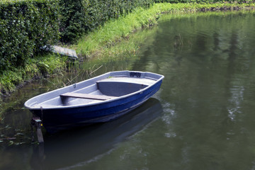 Single empty old blue boat moored in a green thickets on a turbid pond