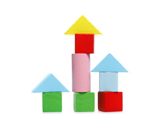 Wooden building blocks for children, made into house  isolated on white background 