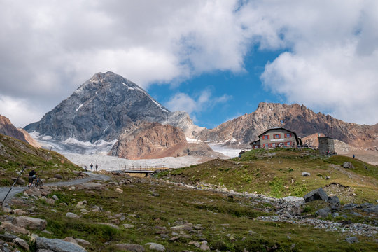 Alpine refuge Pizzini and Forni glacier, Stelvio national park, Italy