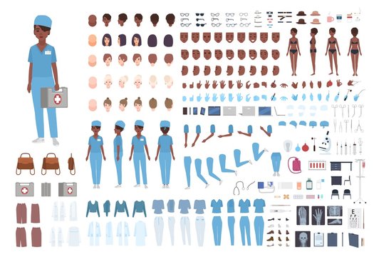 African American female paramedic or nurse constructor. Set of woman's body details, gestures, scrubs isolated on white background. Front, side and back views. Flat cartoon vector illustration.