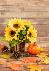 Autumn Still Life with Sunflowers , Leaves, Acorns and Pumpkin