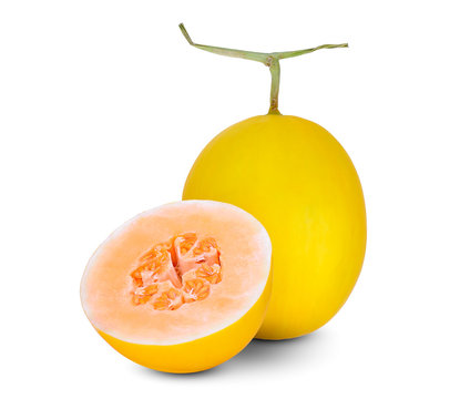 whole and half yellow cantaloupe melon isolated on white background