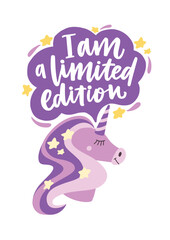 Head of magic fairytale unicorn, speech bubble and I Am A Limited Edition lettering handwritten with cursive calligraphic font © Good Studio