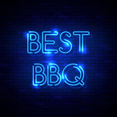 Fototapeta na wymiar Best BBQ neon sign on the brick wall. Vector Illustration